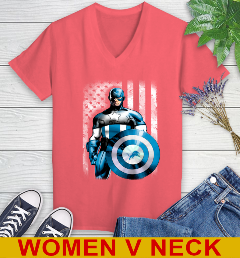 Detroit Lions NFL Football Captain America Marvel Avengers American Flag Shirt Women's V-Neck T-Shirt 6