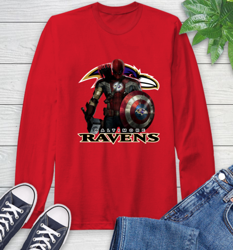 NFL Captain America Thor Spider Man Hawkeye Avengers Endgame Football Baltimore Ravens Long Sleeve T-Shirt 10