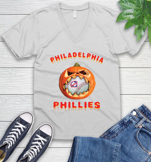 MLB Philadelphia Phillies Halloween Pumpkin Baseball Sports V-Neck T-Shirt