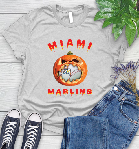 MLB Miami Marlins Halloween Pumpkin Baseball Sports Women's T-Shirt