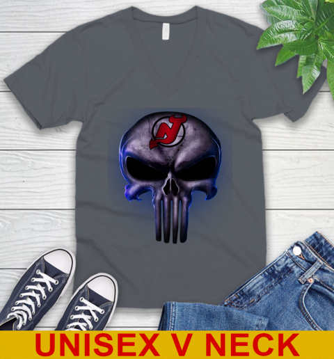 New Jersey Devils NHL Hockey Punisher Skull Sports V-Neck T-Shirt 4
