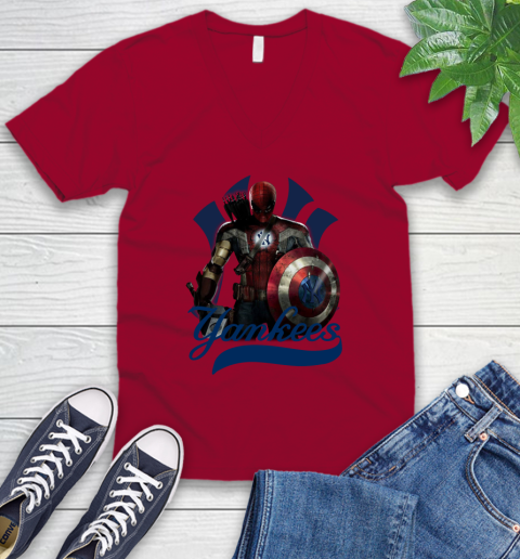 MLB Captain America Thor Spider Man Hawkeye Avengers Endgame Baseball New York Yankees V-Neck T-Shirt 8