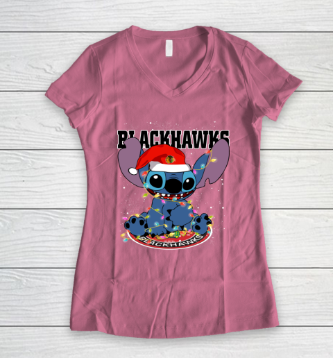 Chicago Blackhawks NHL Hockey noel stitch Christmas Women's V-Neck T-Shirt 7
