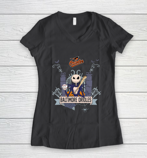MLB Baltimore Orioles Baseball Jack Skellington Halloween Women's V-Neck T-Shirt - Image 7