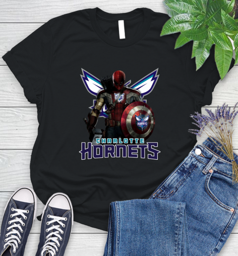 Charlotte Hornets NBA Basketball Captain America Thor Spider Man Hawkeye Avengers Women's T-Shirt 2