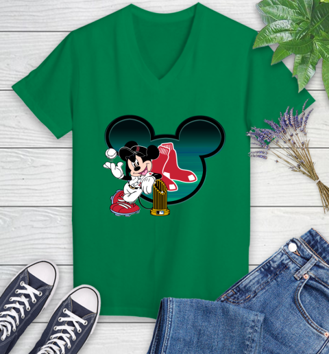 MLB Boston Red Sox The Commissioner's Trophy Mickey Mouse Disney Women's V-Neck T-Shirt 5