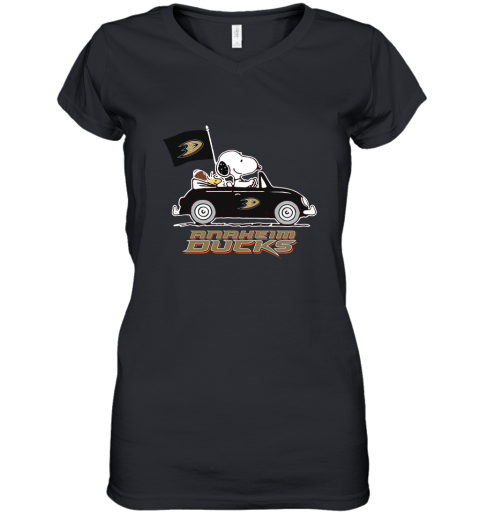 Snoopy And Woodstock Ride The Aheim Ducks Car NhL Women's V-Neck T-Shirt
