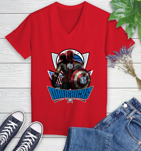 Dallas Mavericks NBA Basketball Captain America Thor Spider Man Hawkeye Avengers Women's V-Neck T-Shirt 12