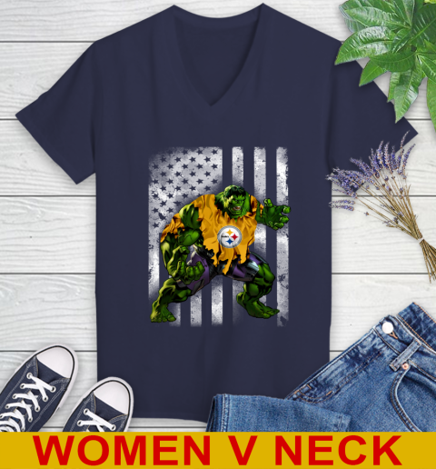 Pittsburgh Steelers Hulk Marvel Avengers NFL Football American Flag Women's V-Neck T-Shirt - Image 13