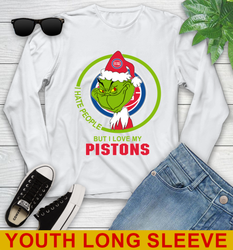 Detroit Pistons NBA Christmas Grinch I Hate People But I Love My Favorite Basketball Team Youth Long Sleeve