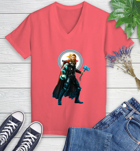 NFL Thor Avengers Endgame Football Pittsburgh Steelers Women's V-Neck T-Shirt 6