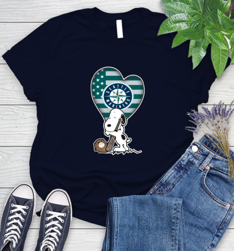 Seattle Mariners MLB Baseball The Peanuts Movie Adorable Snoopy Women's T-Shirt 3