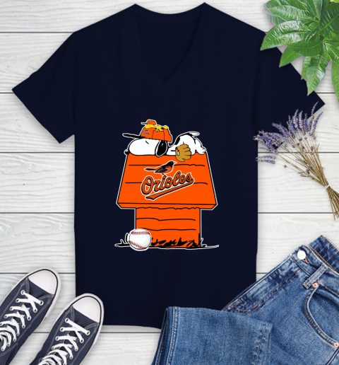 MLB Baltimore Orioles Snoopy Woodstock The Peanuts Movie Baseball T Shirt Women's V-Neck T-Shirt 3