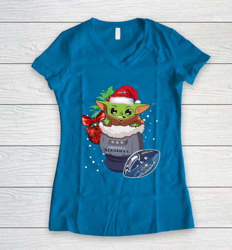 Seattle Seahawks Christmas Baby Yoda Star Wars Funny Happy NFL Women's V-Neck T-Shirt 7