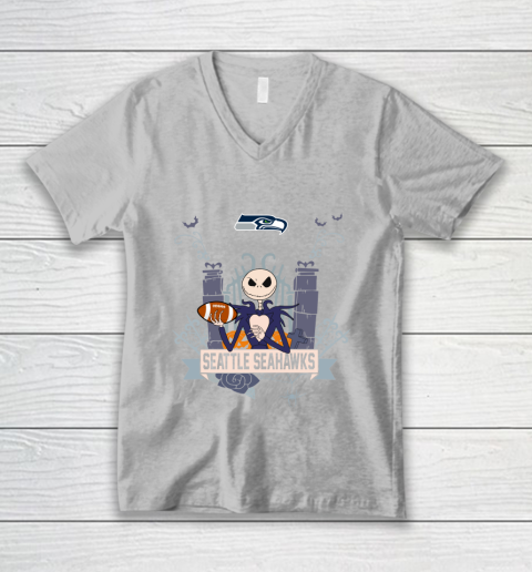 NFL Seattle Seahawks Football Jack Skellington Halloween V-Neck T-Shirt 3