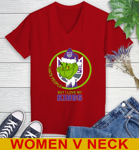 Sacramento Kings NBA Christmas Grinch I Hate People But I Love My Favorite Basketball Team Women's V-Neck T-Shirt 12