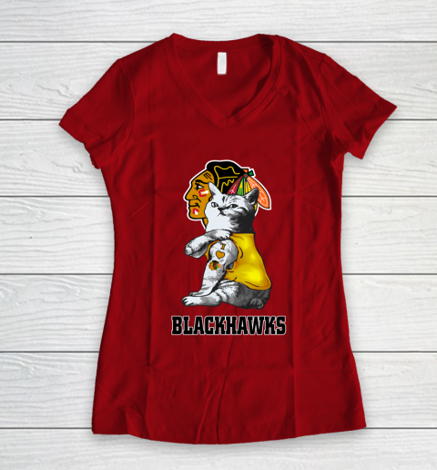 NHL My Cat Loves Chicago Blackhawks Hockey Women's V-Neck T-Shirt 8