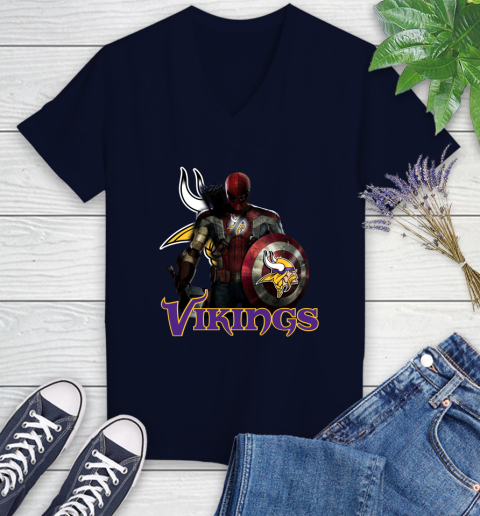 NFL Captain America Thor Spider Man Hawkeye Avengers Endgame Football Minnesota Vikings Women's V-Neck T-Shirt 3