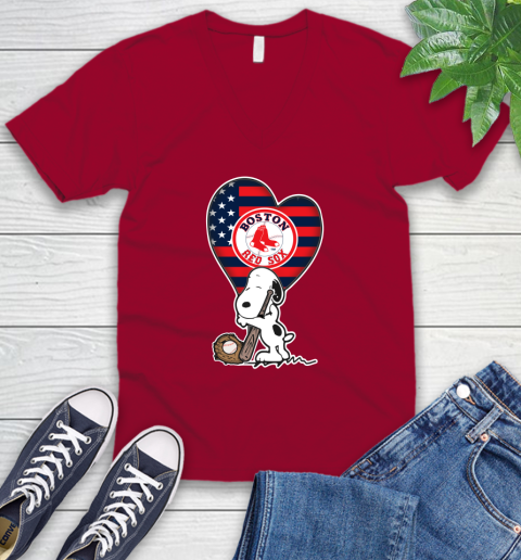 Boston Red Sox MLB Baseball The Peanuts Movie Adorable Snoopy V-Neck T-Shirt 8