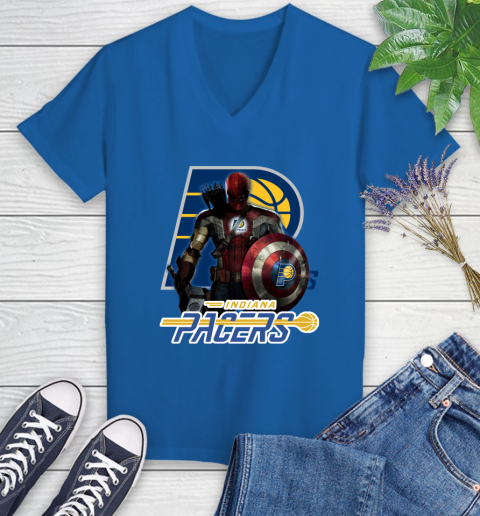Indiana Pacers NBA Basketball Captain America Thor Spider Man Hawkeye Avengers Women's V-Neck T-Shirt 10