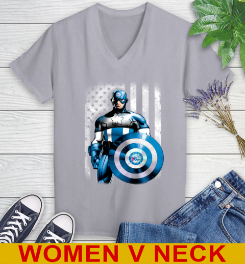 Philadelphia 76ers NBA Basketball Captain America Marvel Avengers American Flag Shirt Women's V-Neck T-Shirt 4