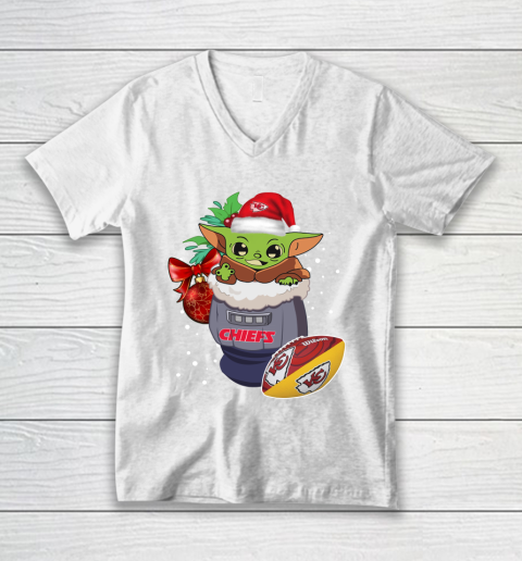 Kansas City Chiefs Christmas Baby Yoda Star Wars Funny Happy NFL V-Neck T-Shirt 2