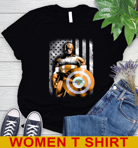 New York Knicks NBA Basketball Captain America Marvel Avengers American Flag Shirt Women's T-Shirt