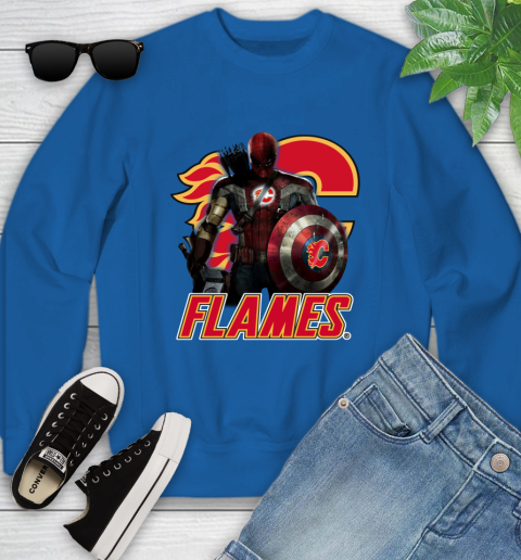 NHL Captain America Thor Spider Man Hawkeye Avengers Endgame Hockey Calgary Flames Youth Sweatshirt 8