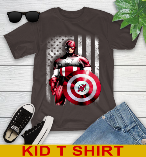 New Jersey Devils NHL Hockey Captain America Marvel Avengers American Flag Shirt Youth T-Shirt 6