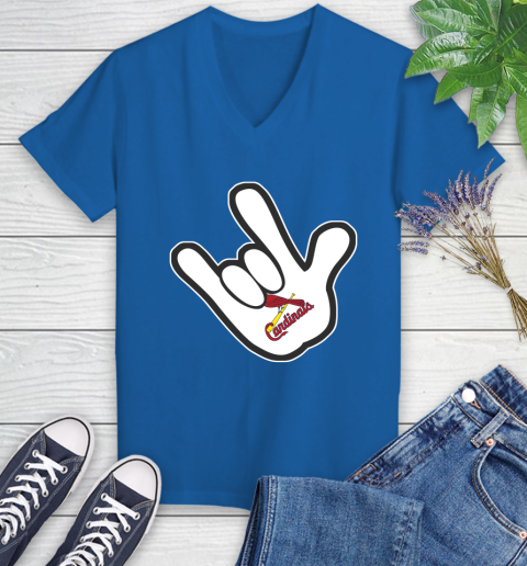 St.Louis Cardinals MLB Baseball Mickey Rock Hand Disney Women's V-Neck T-Shirt 10