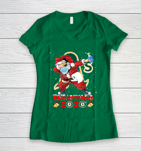 Oakland Athletics Funny Santa Claus Dabbing Christmas 2020 MLB Women's V-Neck T-Shirt 3