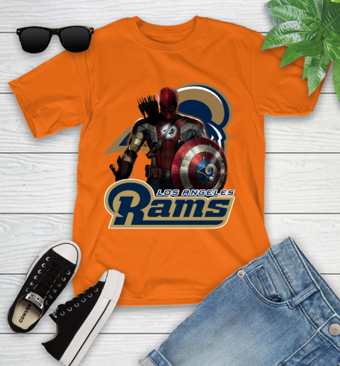 NFL Captain America Thor Spider Man Hawkeye Avengers Endgame Football Los Angeles Rams Youth T-Shirt 7