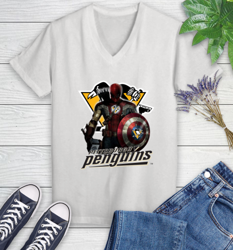 NHL Captain America Thor Spider Man Hawkeye Avengers Endgame Hockey Pittsburgh Penguins Women's V-Neck T-Shirt