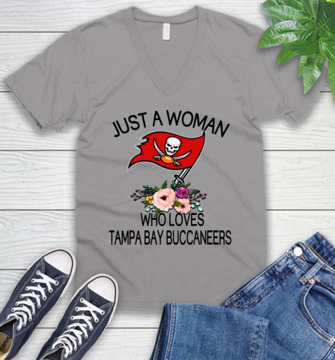 NFL Just A Woman Who Loves Tampa Bay Buccaneers Football Sports V-Neck T-Shirt 2