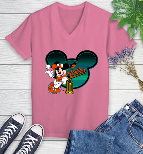 MLB Baltimore Orioles The Commissioner's Trophy Mickey Mouse Disney Women's V-Neck T-Shirt 13