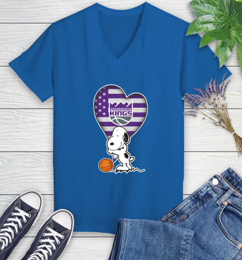 Sacramento Kings NBA Basketball The Peanuts Movie Adorable Snoopy Women's V-Neck T-Shirt 10