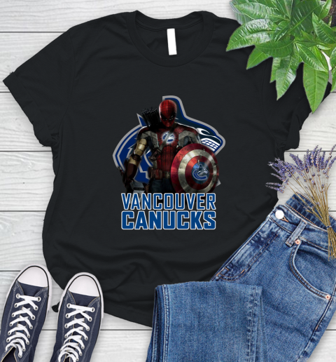 NHL Captain America Thor Spider Man Hawkeye Avengers Endgame Hockey Vancouver Canucks Women's T-Shirt 2