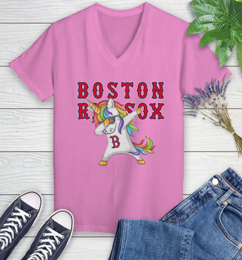 Boston Red Sox MLB Baseball Funny Unicorn Dabbing Sports Women's V-Neck T-Shirt 14