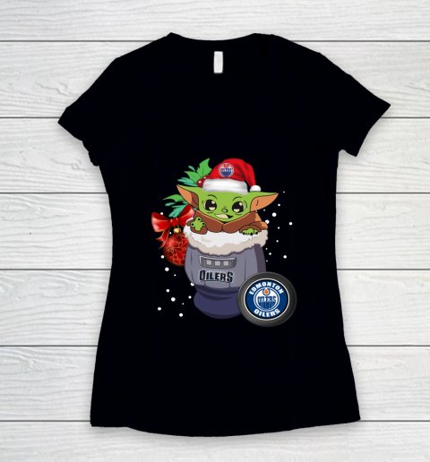 Edmonton Oilers Christmas Baby Yoda Star Wars Funny Happy NHL Women's V-Neck T-Shirt