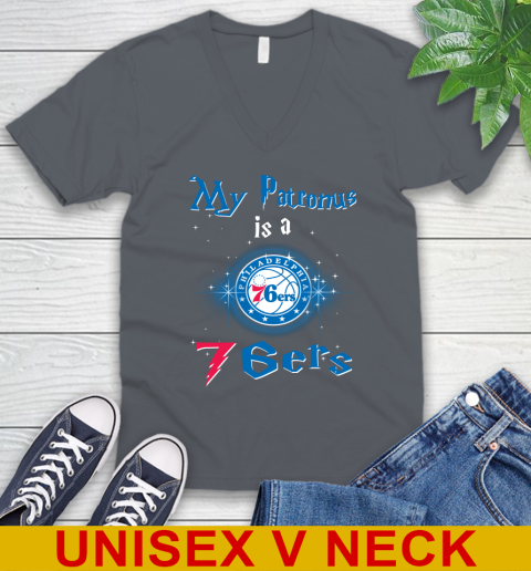 NBA Basketball Harry Potter My Patronus Is A Philadelphia 76ers V-Neck T-Shirt 4