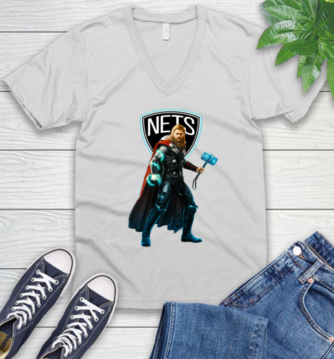 NBA Thor Avengers Endgame Basketball Brooklyn Nets V-Neck T-Shirt