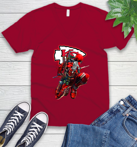 NFL Deadpool Marvel Comics Sports Football Kansas City Chiefs V-Neck T-Shirt 8