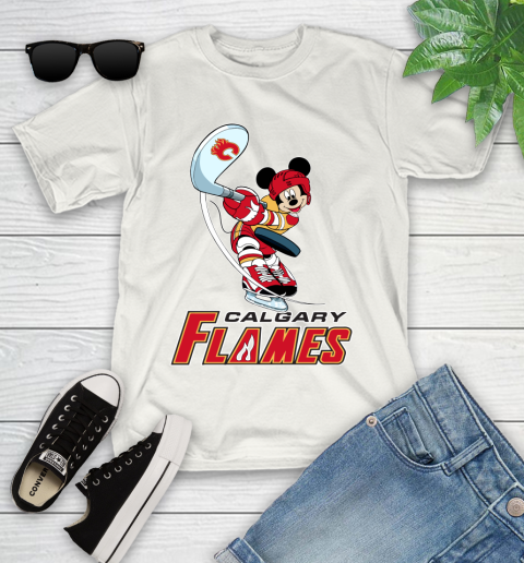 NHL Hockey Calgary Flames Cheerful Mickey Mouse Shirt Youth T-Shirt 2