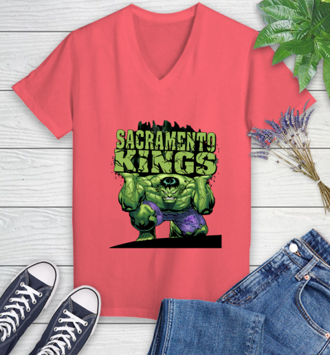 Sacramento Kings NBA Basketball Incredible Hulk Marvel Avengers Sports Women's V-Neck T-Shirt 6