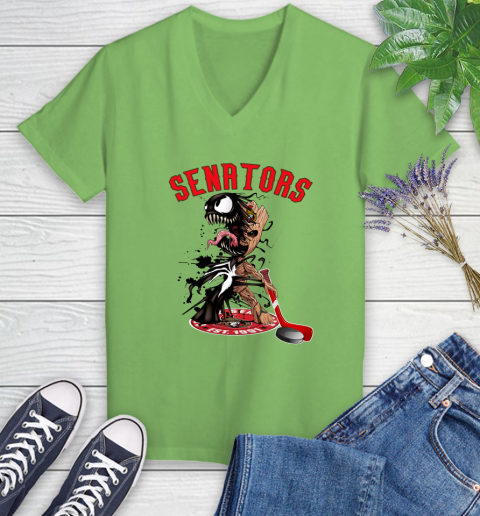 NHL Ottawa Senators Hockey Venom Groot Guardians Of The Galaxy Women's V-Neck T-Shirt 11