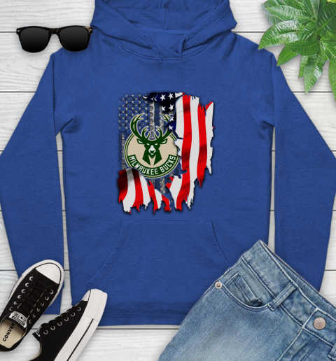 Milwaukee Bucks NBA Basketball American Flag Youth Hoodie 11