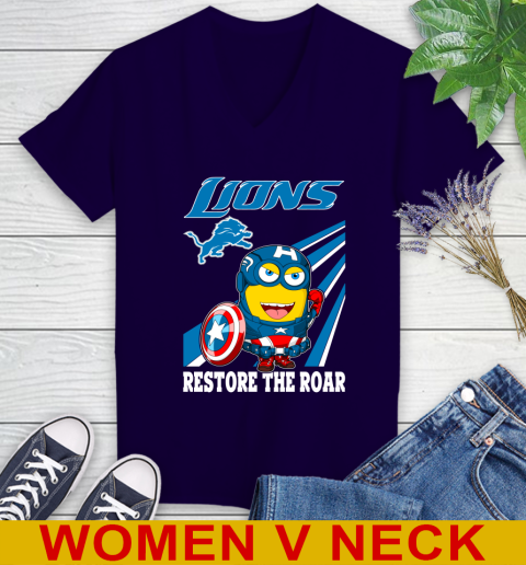 NFL Football Detroit Lions Captain America Marvel Avengers Minion Shirt Women's V-Neck T-Shirt 3