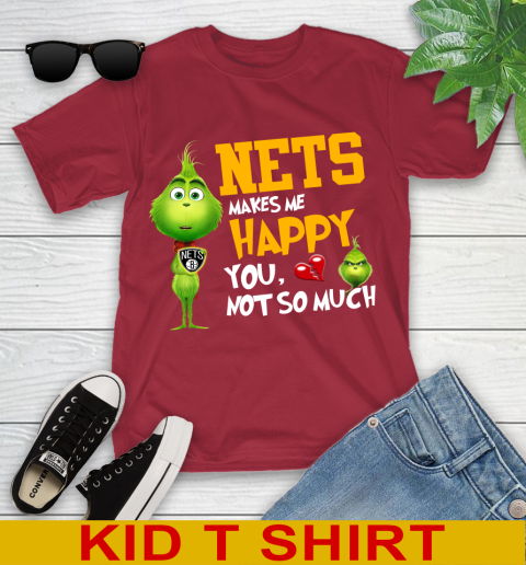 NBA Brooklyn Nets Makes Me Happy You Not So Much Grinch Basketball Sports Youth T-Shirt 12
