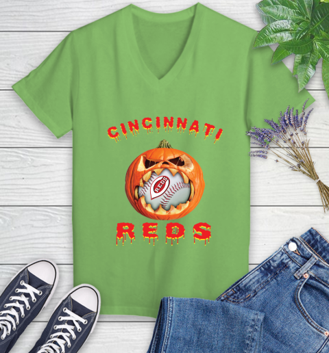 MLB Cincinnati Reds Halloween Pumpkin Baseball Sports Women's V-Neck T-Shirt 11