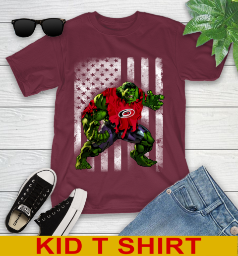 Carolina Hurricanes Hulk Marvel Avengers NHL Hockey American Flag Youth T-Shirt 5